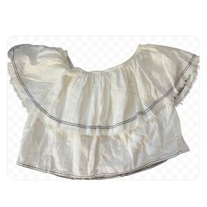 Zara Woman Premium Cropped White Linen Off Shoulder Flounce Frayed Top Size M